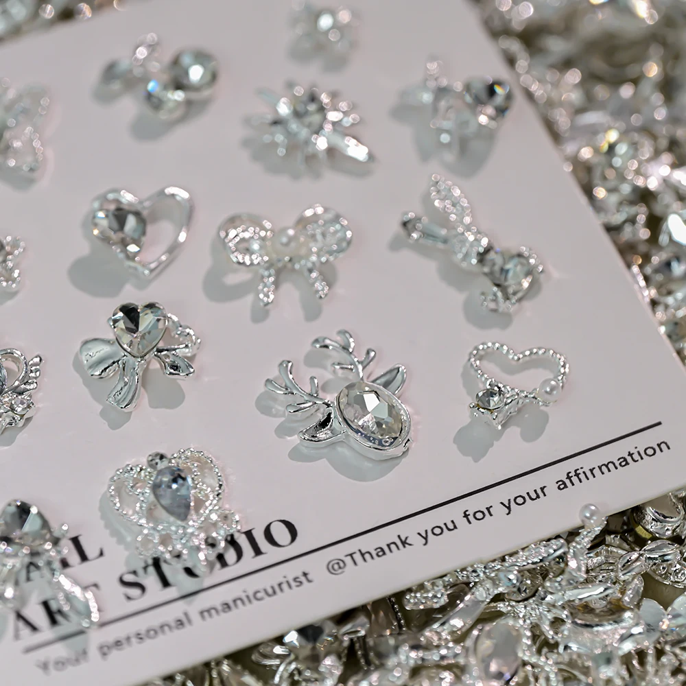 30pcs Valentine's Day Silver Clear Mixed Pendant Nail Jewelry Shining Crystal Gems Nail Art Decoration 3D Alloy Nail Art Decor *