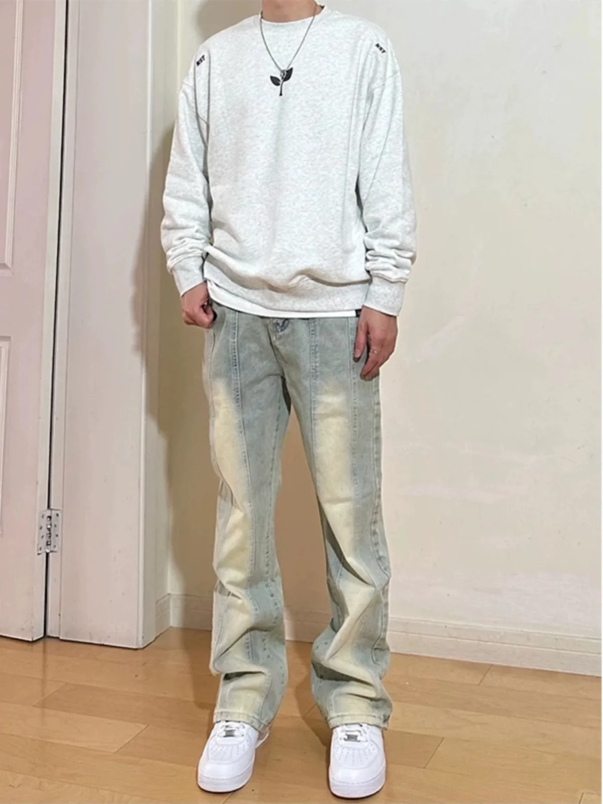 

Cleanfit Patchwork Design Straight Leg Men's Jeans Vintage American Retro Waed Outfit Casual High Street Yellow Mud