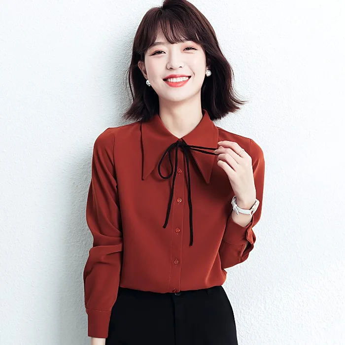 패셔너블한 레드 롱 슬리브 돌칼라 쉬폰 원피스 여성 가을옷 2025 신상 슬림핏 한국 스타일 스트레이트 컷 버튼 디테일