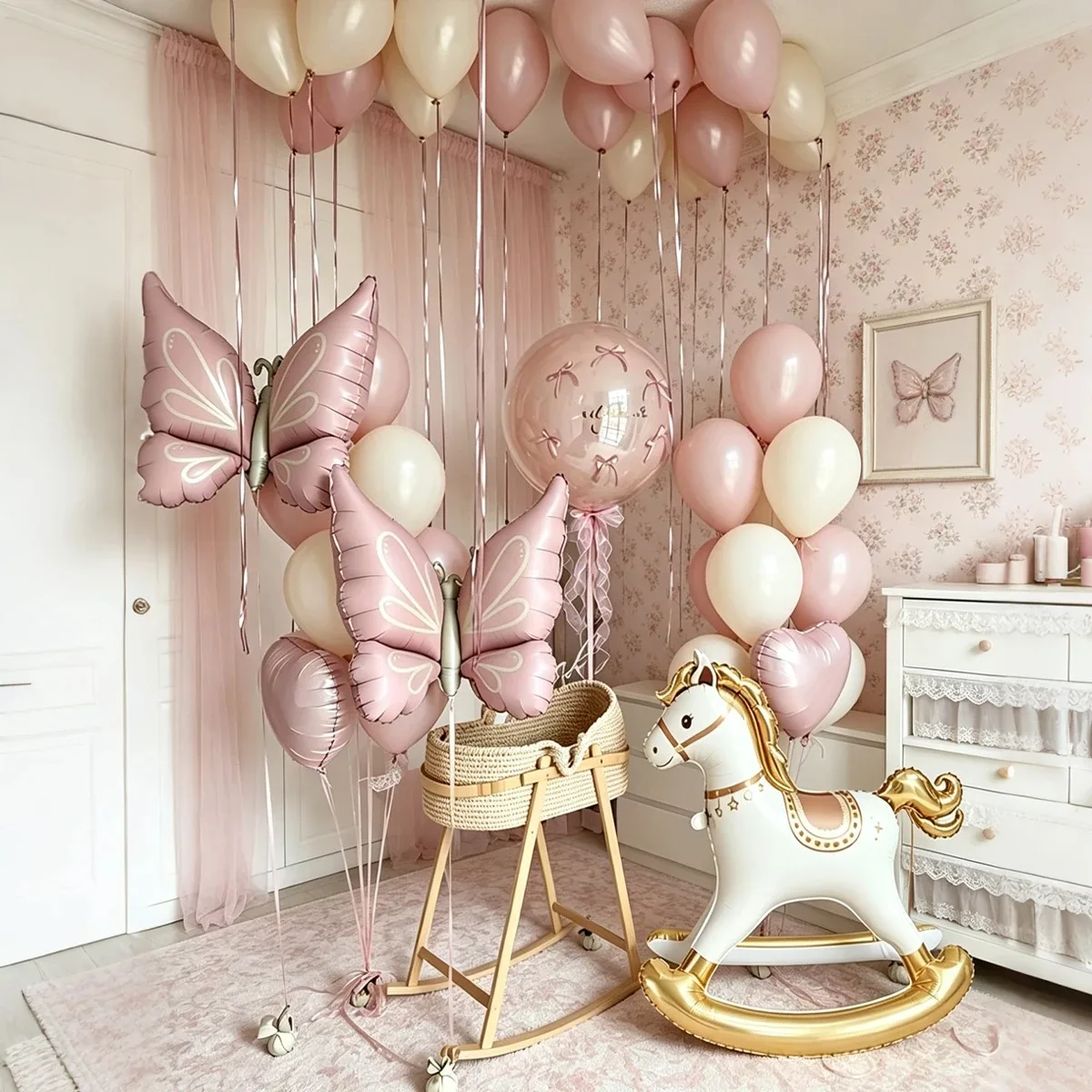 1 Set Rosa Trojanisches Pferd Ballon Schmetterling Schüttelpferd Folienballon Rosa Herzballon für Geburtstagsfeier, Babyparty, Dekoration, Geschenke – Detail 4