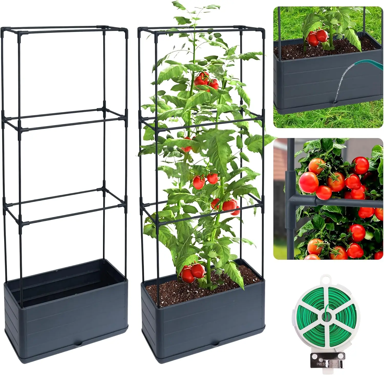 

2 упаковки приподнятой садовой кровати, ящик для пополнения помидоров с решеткой, клетка для помидоров с самополиванием 43,4 дюйма с прямоугольной решеткой для альпинизма