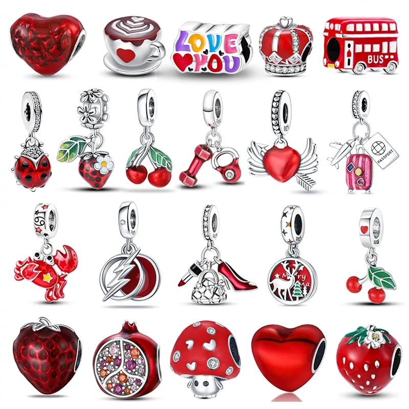 100% 925 Sterling Silver Heart Shape Cherry Red Collection Charm Beads for Pandora Original Bracelet DIY Jewelry Gift