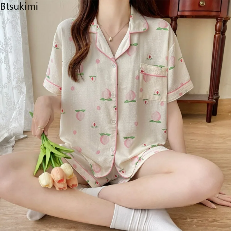 New 2025 Summer 100% Cotton Sleepwear Pajamas for Women Pijama Cherry Print Pyjamas  Set Two-piece Set Cute Loungewear Ladies