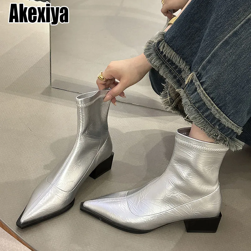 

Women Ankle Boots Shoes Fashion Pointed Toe Ladies Short Boot Square Low Heel Casual Winter Women's Footwear bc7157