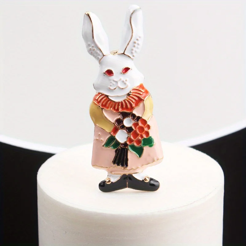 Three-dimensional Cartoon Cute Alice in Wonderland with Bunny Brooch Holding Flowers