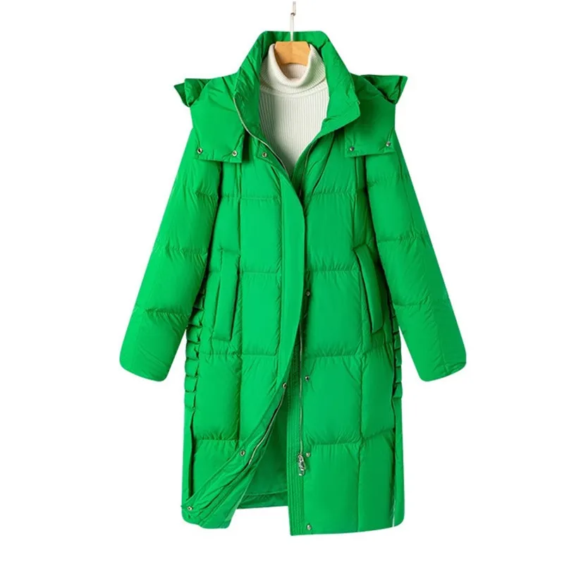 Green Down Jacket Women's 2024 Winter Fashion New Korean version 90White duck down Thick Hooded Coat Female Warm Parka Overcoat