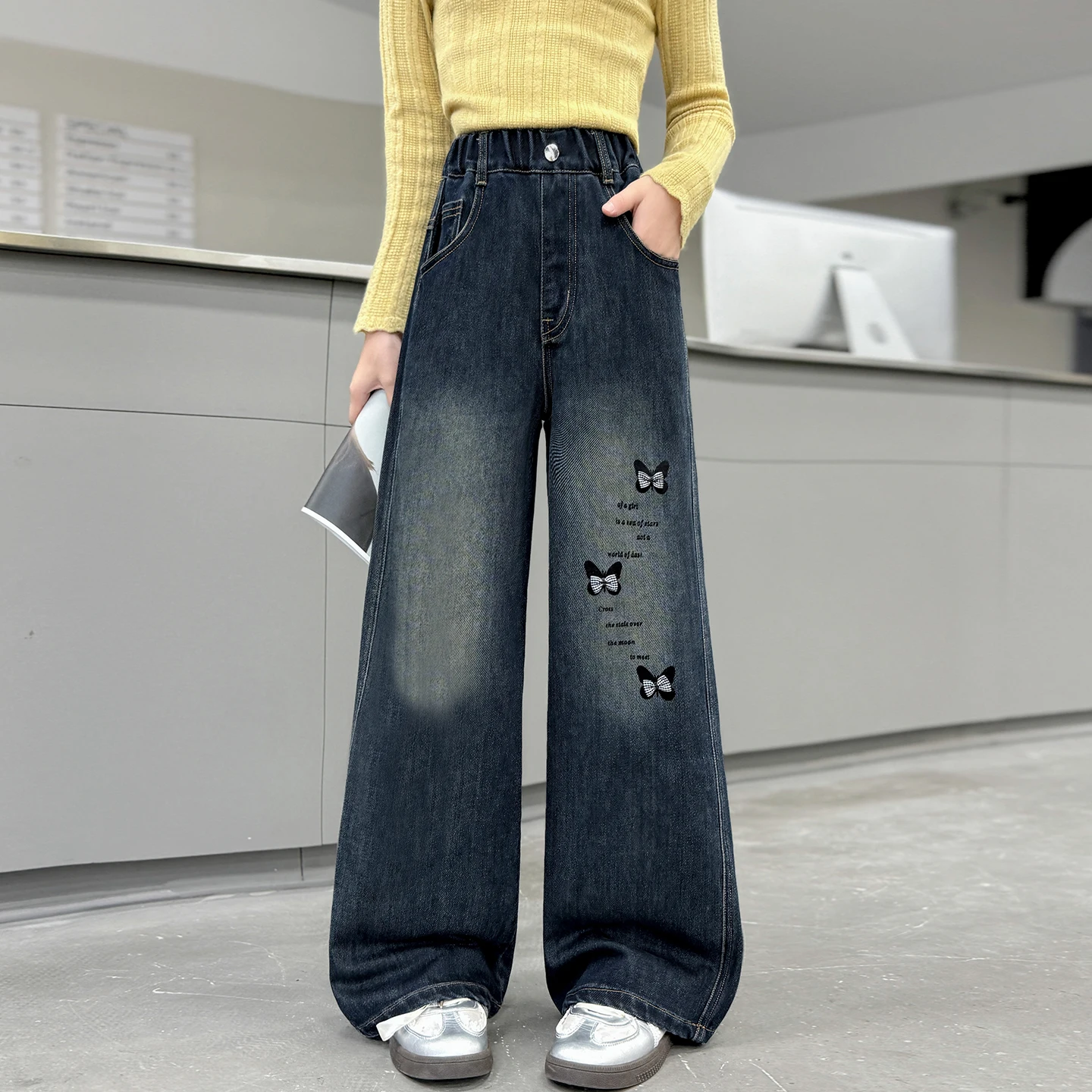 Children Vintage Blue Denim Jeans with Bows For Tween Girl Y2K Street Fashion Pants Kids Autumn Relaxed Fit Jeans Trousers 4-14Y