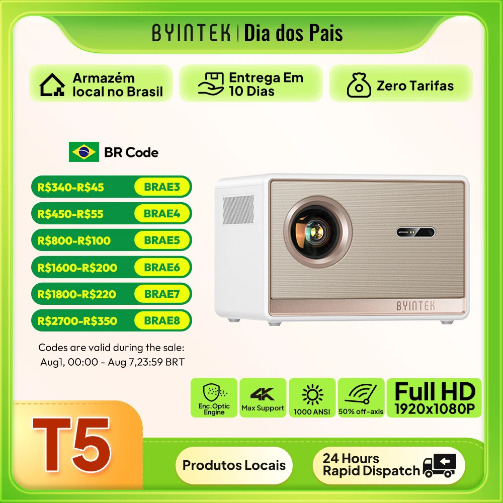 NO BRASIL -  Projetor BYINTEK Projetor T5 4K Full HD 1080P   🆘🇧🇷