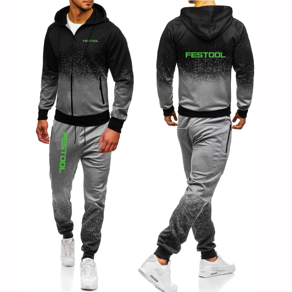 

2023 Festool Tools Men's New Gradients Color Tracksuits Fashionable Print Casual Cotton Jackets Hoodie Tops+Pants 2 Pieces Suits