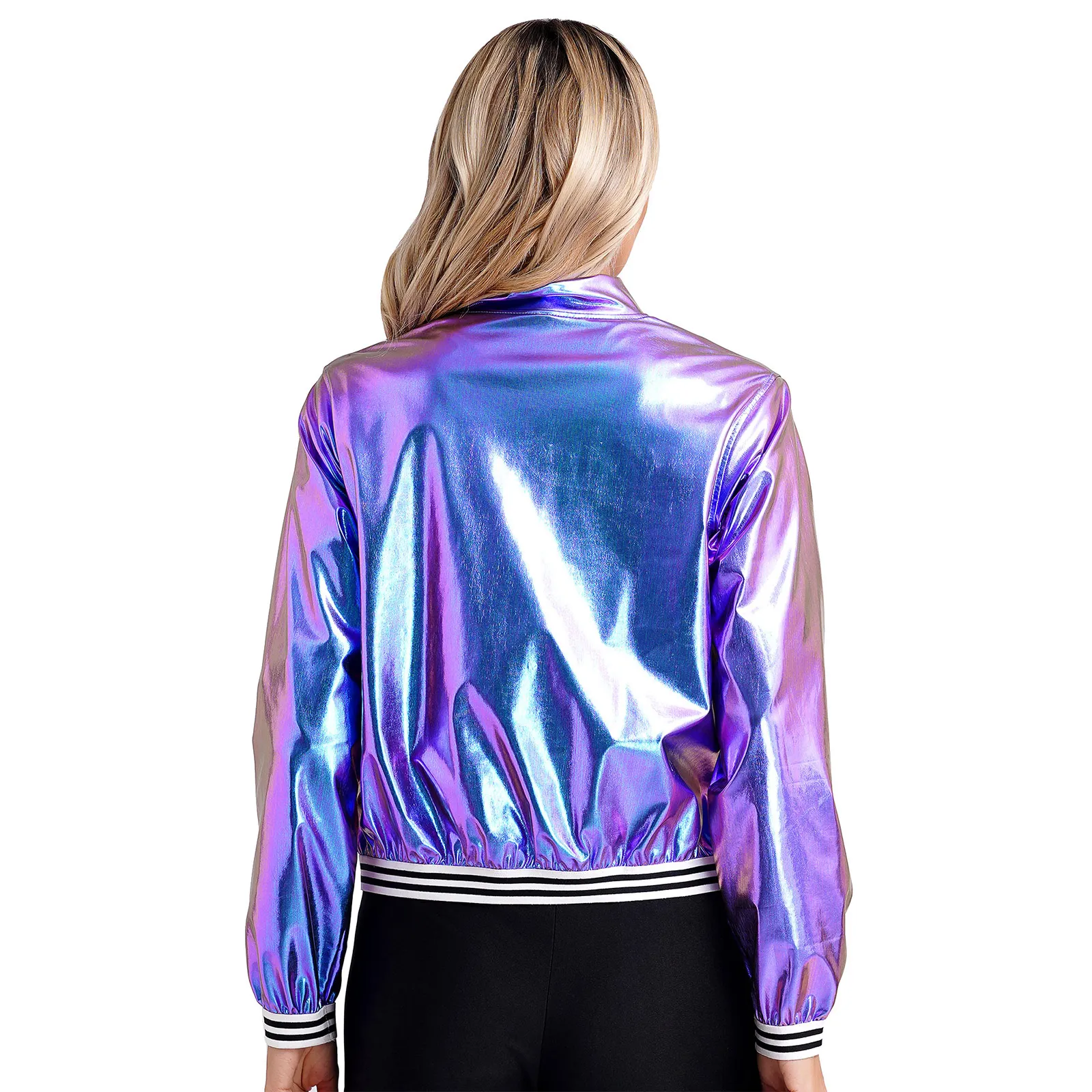 Women Fashion Casual Metallic Shiny Baseball Jacket Long Sleeve Zipper Bomber Outerwear Coat Disco Dance Nightclub Party Costume