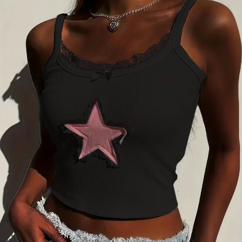Women S Fashion Lace Tank Tops Sleeveless Vests Summer Slim Fit Crop Tops Y2K Harajuku Streetwear Stars Low-Cut Design T-shirt