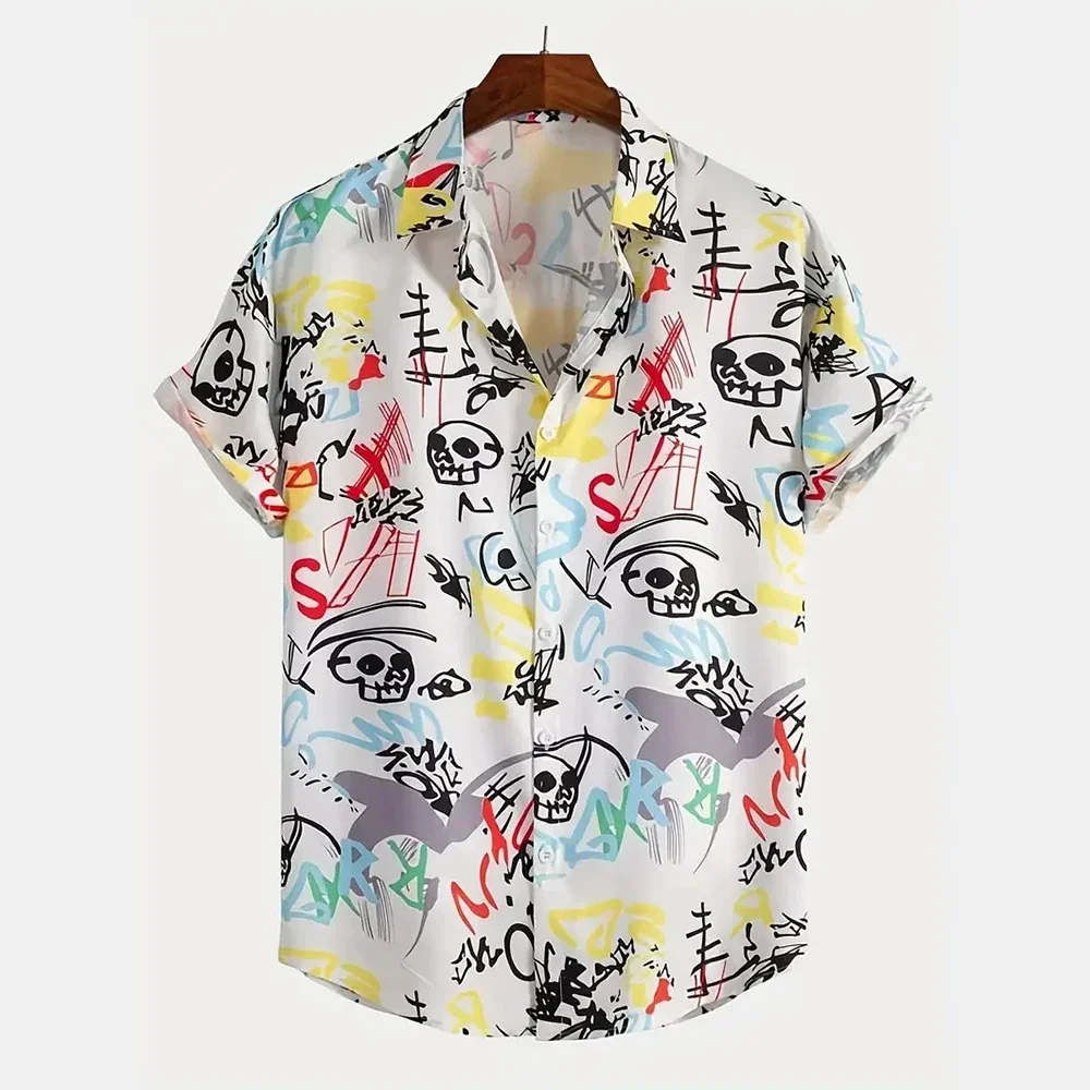 Men's Shirt Tops, Cute Graffiti Print, Lapel Bowling Shirt Short Sleeve Casual Summer Hawaiian Shirt Single Breasted Shirt Daily