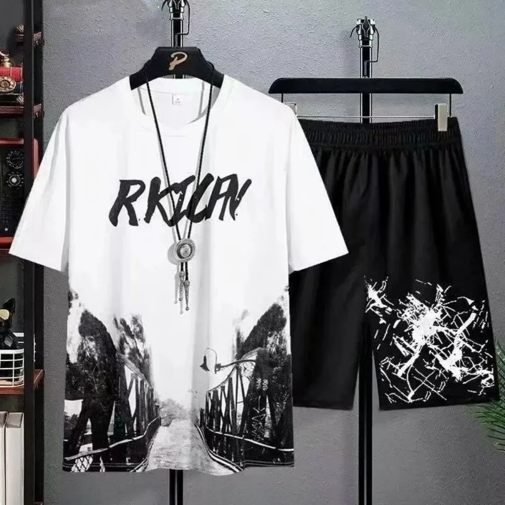 

New Men's Summer Landscape Printed Comfortable Breathable Round Neck Tshrit Drawstring Shorts Outdoor Casual Set