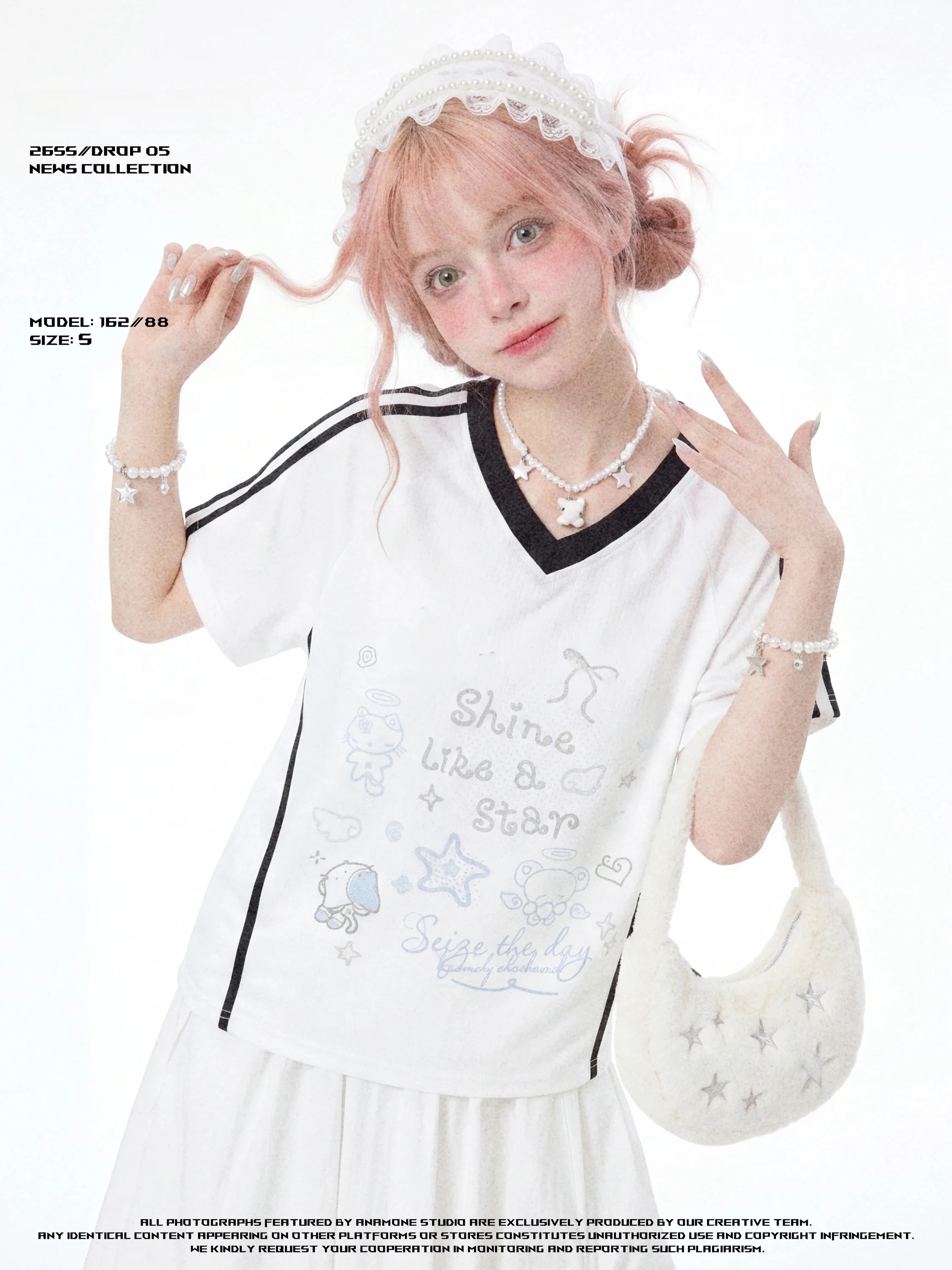 ANAMONE American Style Fun Cartoon Print Baseball T-Shirt Women Summer Loose V-Neck Short Sleeve Korean Sport Top