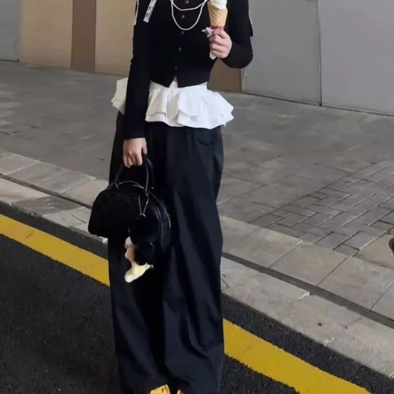 Deeptown Y2k Black Vintage Women Skirt Pants Kawaii Patchwork Harajuku Korean Style Sweatpants Wide Leg Baggy Trousers Youthful
