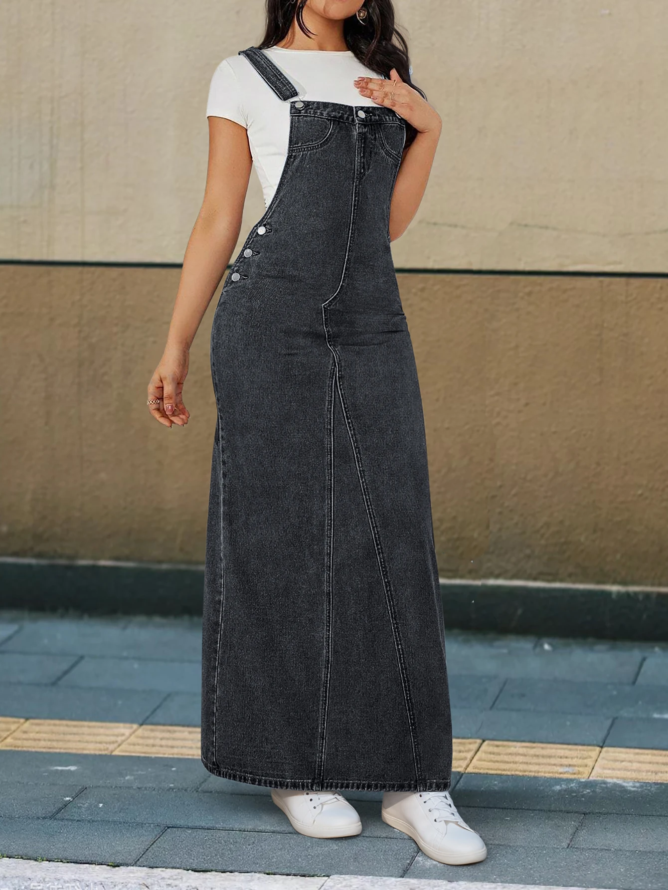 فستان طويل مثير بحزام قابل للتعديل من قماش الدنيم للنساء بتصميم كلاسيكي عصري على شكل قطة وأسلوب بسيط مع جيوب