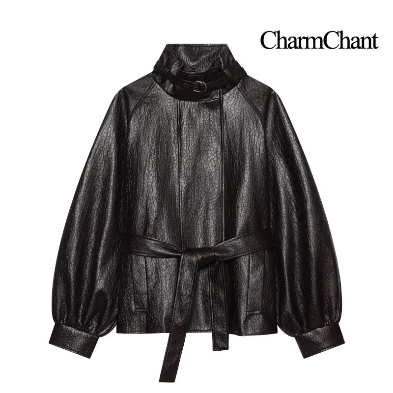 CHARMCHANT Women's Faux Leather Cropped Jacket Stand Collar Belted Waist Windbreaker Outerwear Coat Street Autumn Winter 2026