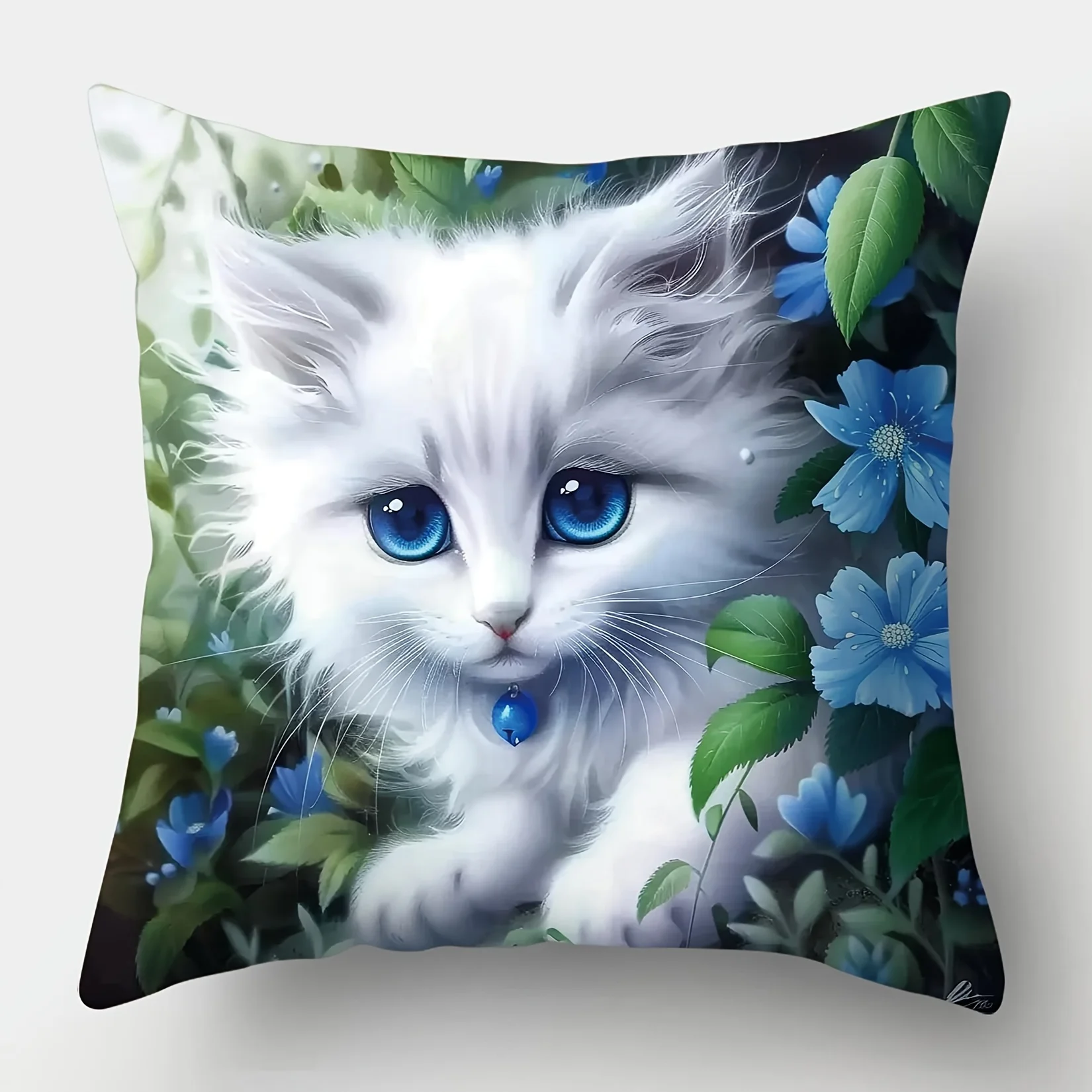 Cute Kitten Floral Pillow Cover Set 4 Pack Blue Flower Print Plush Throw Pillow Cushion for Nursery Room Decor