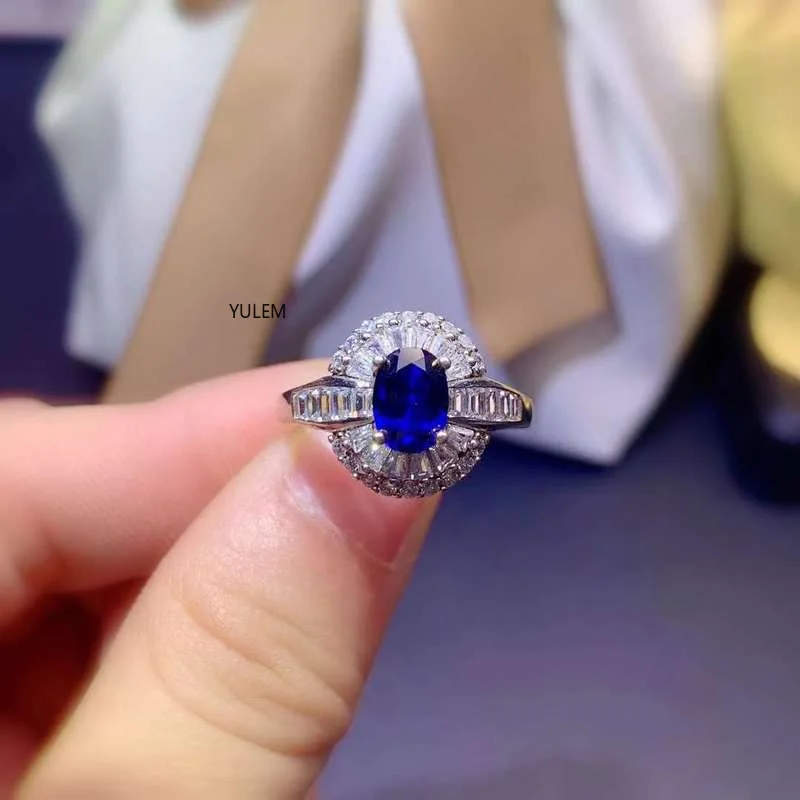 

YULEM Natural Sri Lankan Sapphire Ring Royal Blue High Clarity 5X7MM Big Size Design