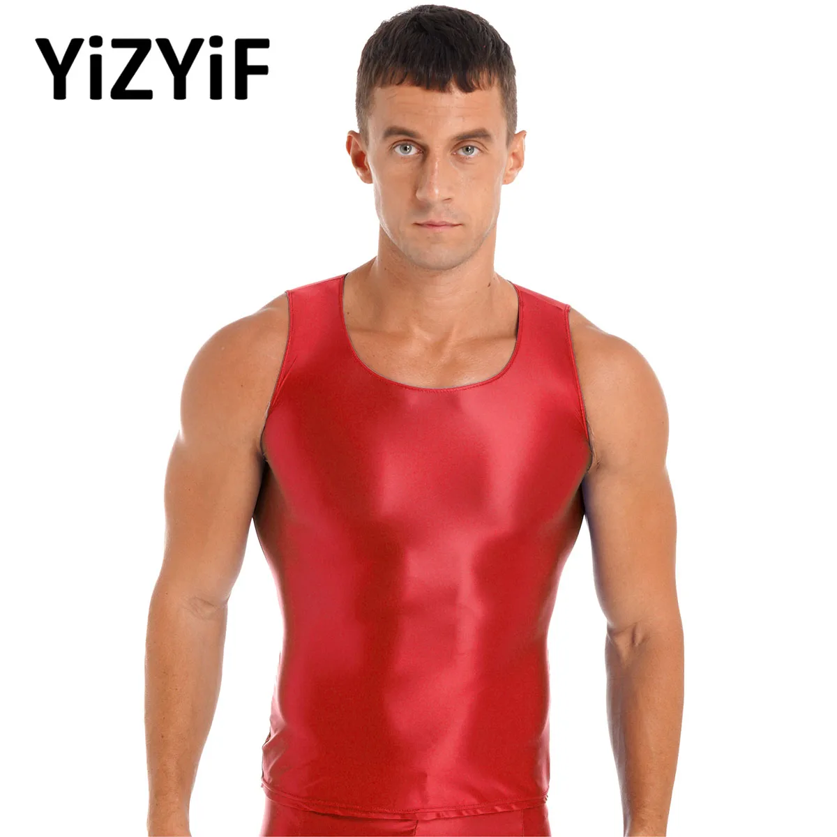 Mens Oil Shiny Glossy Tank Tops Sleeveless Slim Fit Vest Tshirts Fitness Gym Sport Satin Shirts Rave Party Clubwear Swimwear