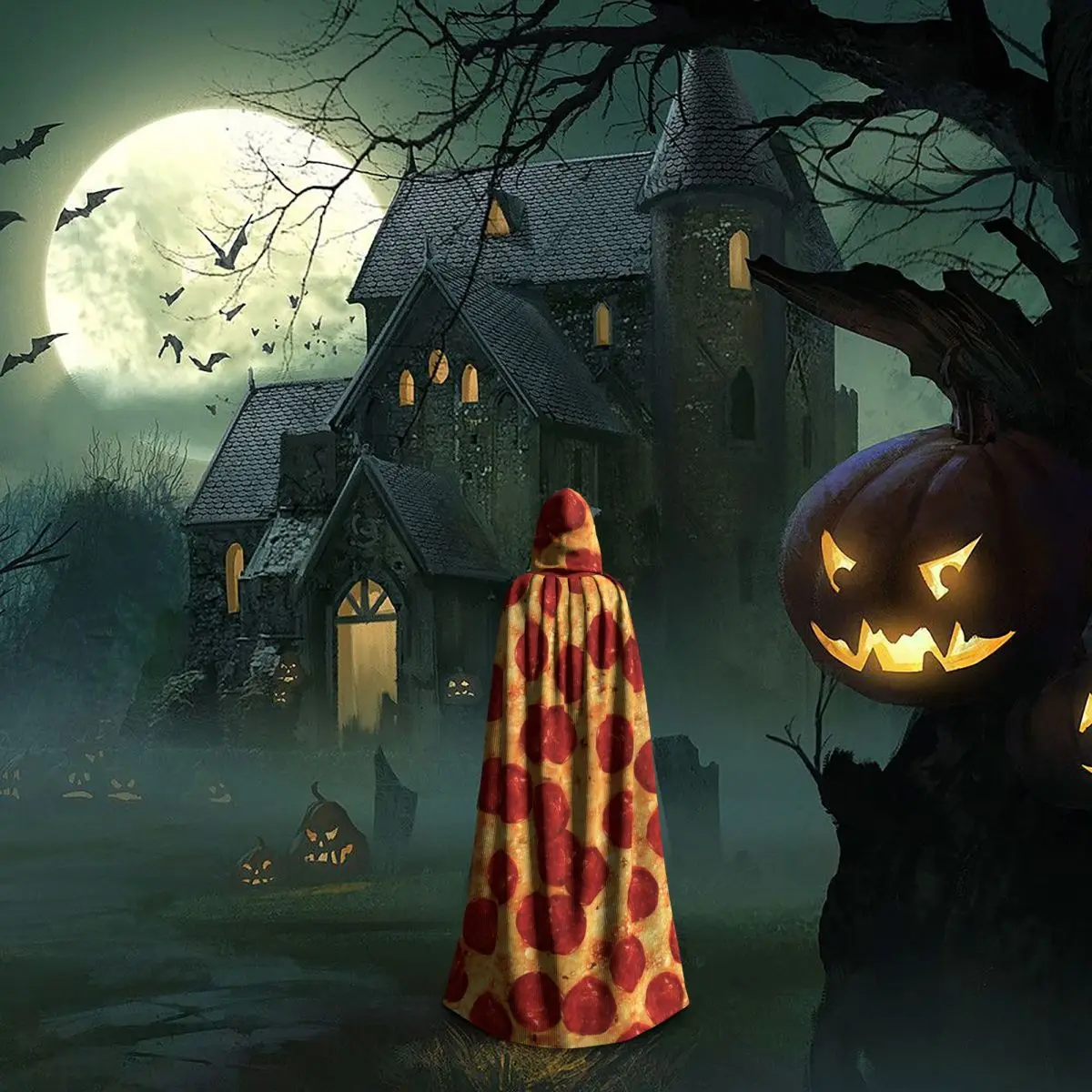 Pepperoni الجبن البيتزا نمط طويل مقنعين عباءة الساحرة القرون الوسطى زي تأثيري كيب هالوين معطف الكبار للجنسين