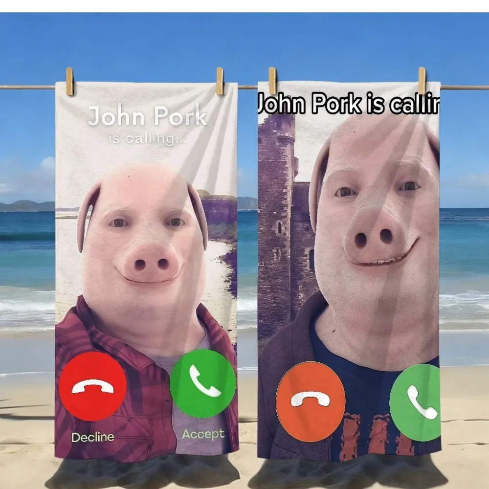 Funny John Pork Calling Meme Beach Towel Quick Dry Microfiber Towel Summer Party Gift for Beach Swimming Bath Sports