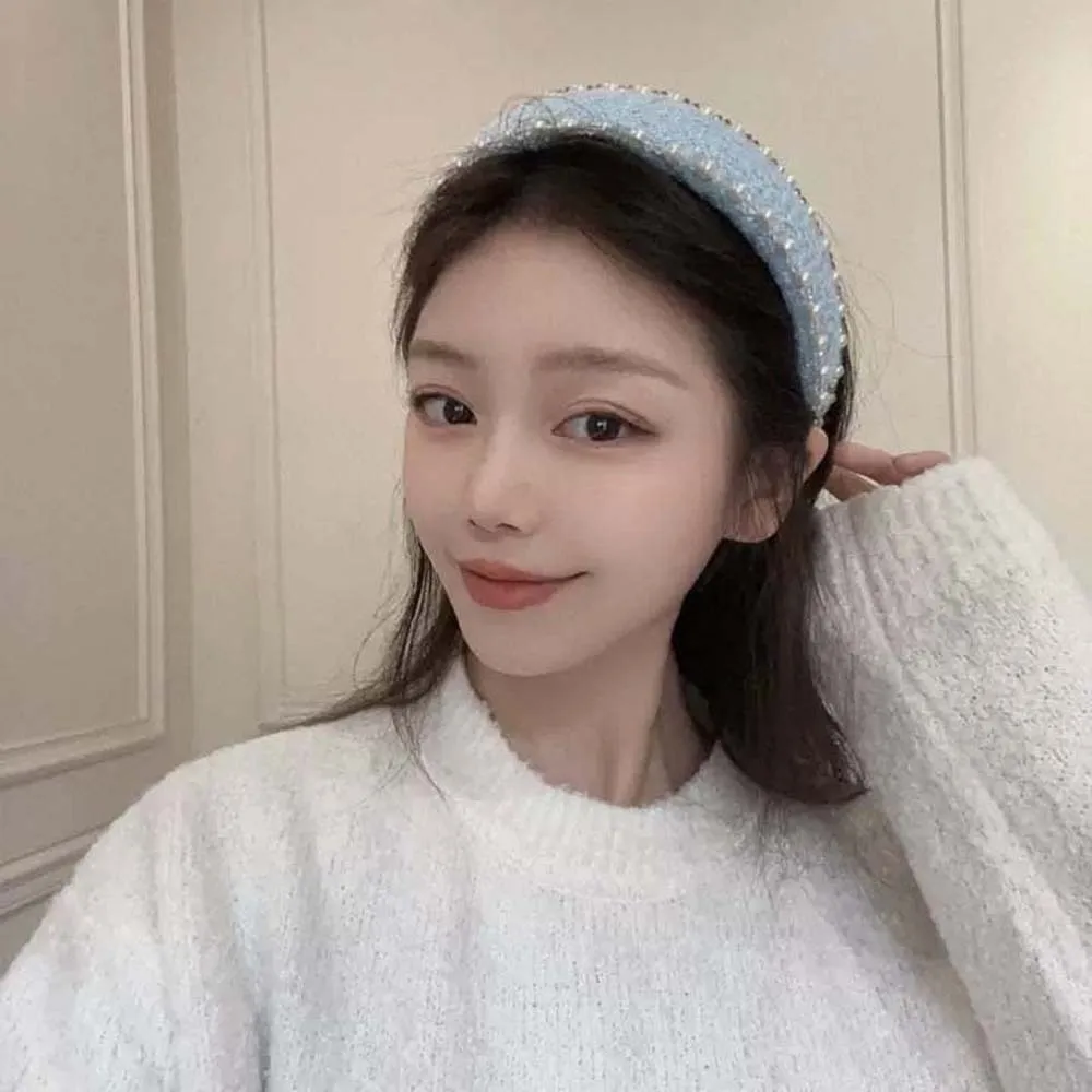 スイートパールクロスヘアフープローズプリントフレンチスタイルビーズクリスタルヘッドバンドワイドサイドヘッドピースベージュブルーヘアバンドギフト