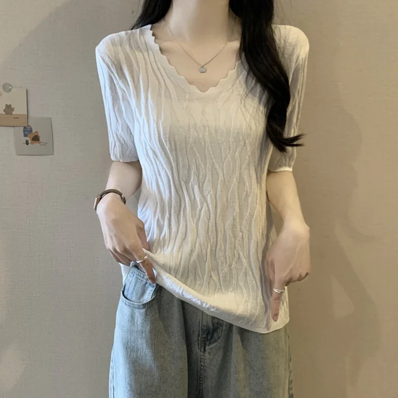 Women Plus Size Ice Silk V Neck Wavy Knit Top Short Sleeve Slim Hide Belly Summer Basic Blouse
