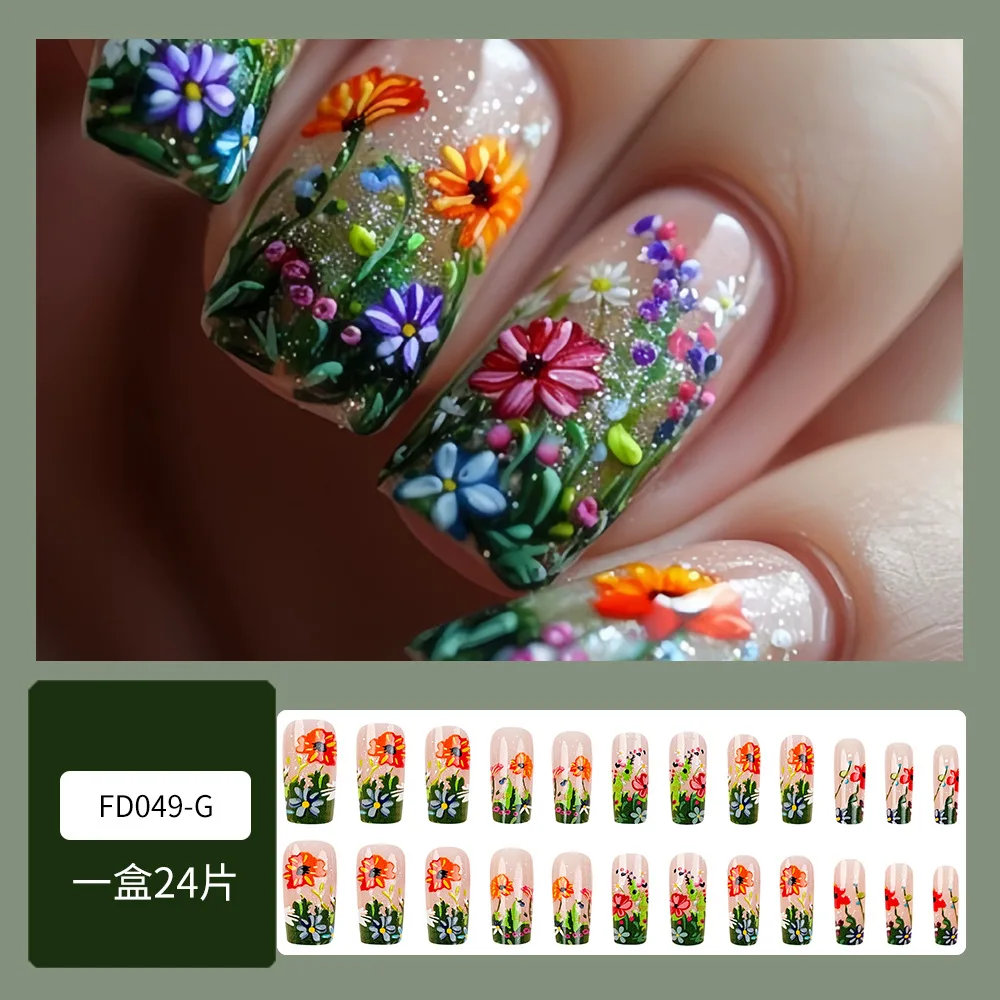 24PCS Spring Summer Garden Floral Press on Nails Glitter Transparent False Nails with Colorful Flower Nail Art for Daily Wear