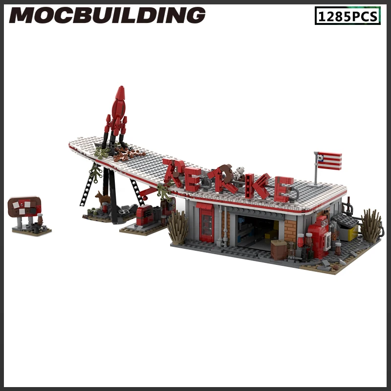 

MOC Building Blocks Red Rocket Truck Stop Street View Architectural Model DIY Assembly Bricks Creative Toys Collection Gifts