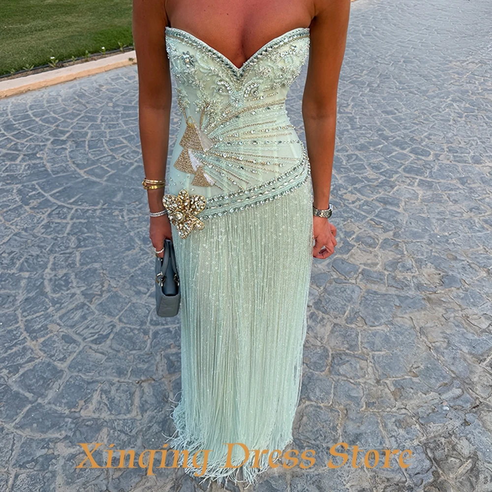 Exquisite Mermaid Evening Dress Luxury Crystal Flowers Tassel Customized Celebrity Gowns Delicate Tulle Bridal Party Dresses view 3