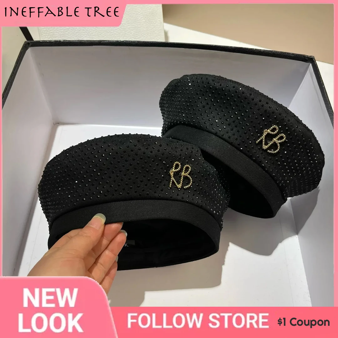 

Luxury Rhinstone Beret Hat Diamond Letter Women's Hats French Painter Hats Pumpkin Hat All-month Female Octagonal Berets Caps