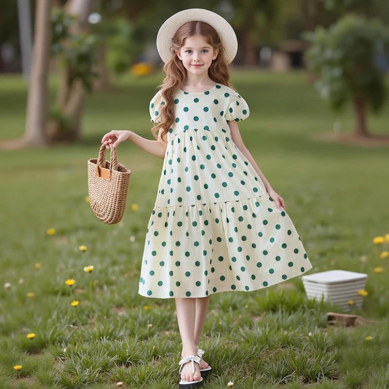 

Летнее платье в горошек для девочек - пляжный сарафан А-силуэта с пышными рукавами и оборками для детей 6-14 лет, для отпуска и вечеринок