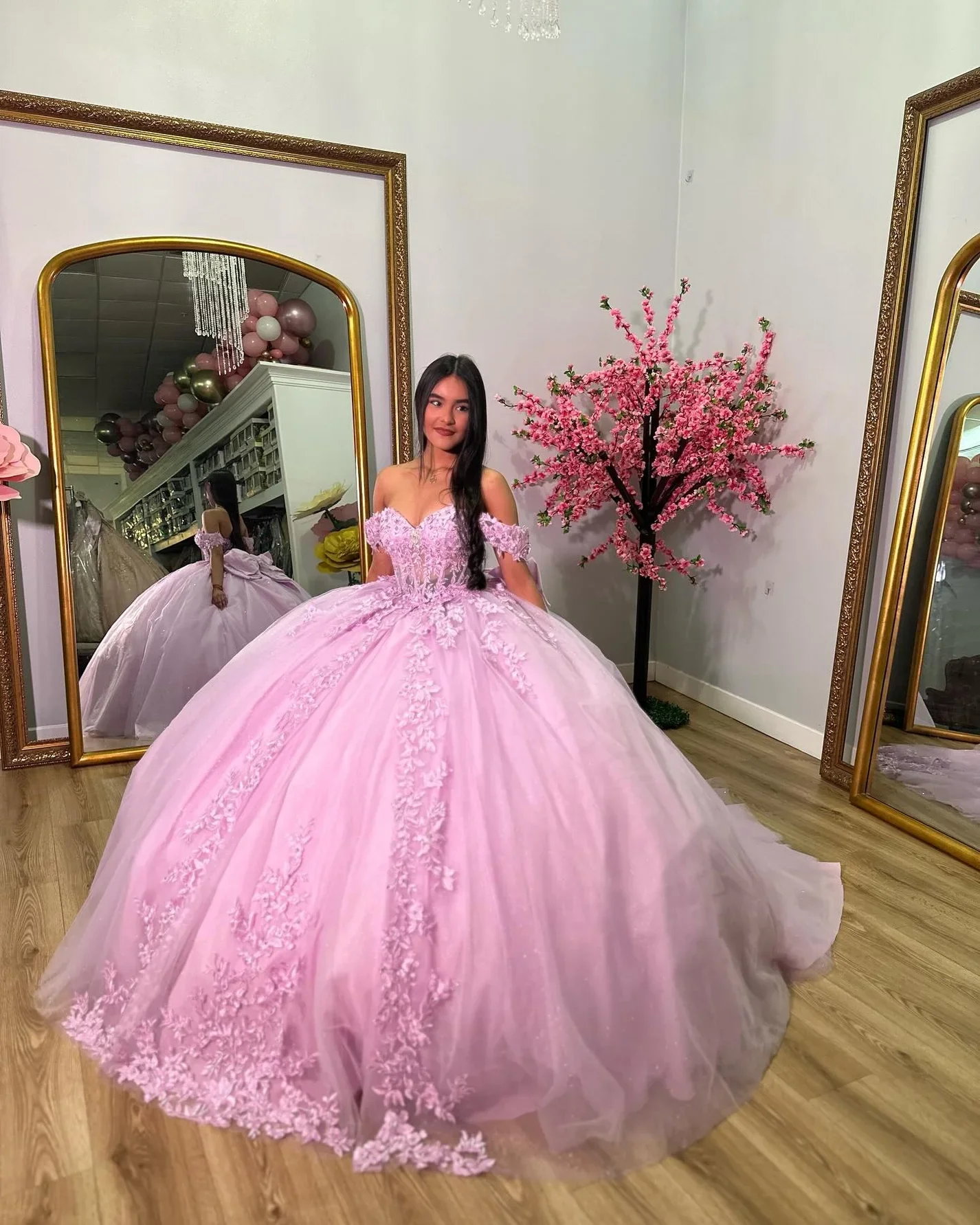 LIYYLHQ Sparkly Pink Off Shoulder Sweetheart Corset Ball Gown Princess Quinceanera Dresses Lace Appliques Beaded Tulle Bow Prom