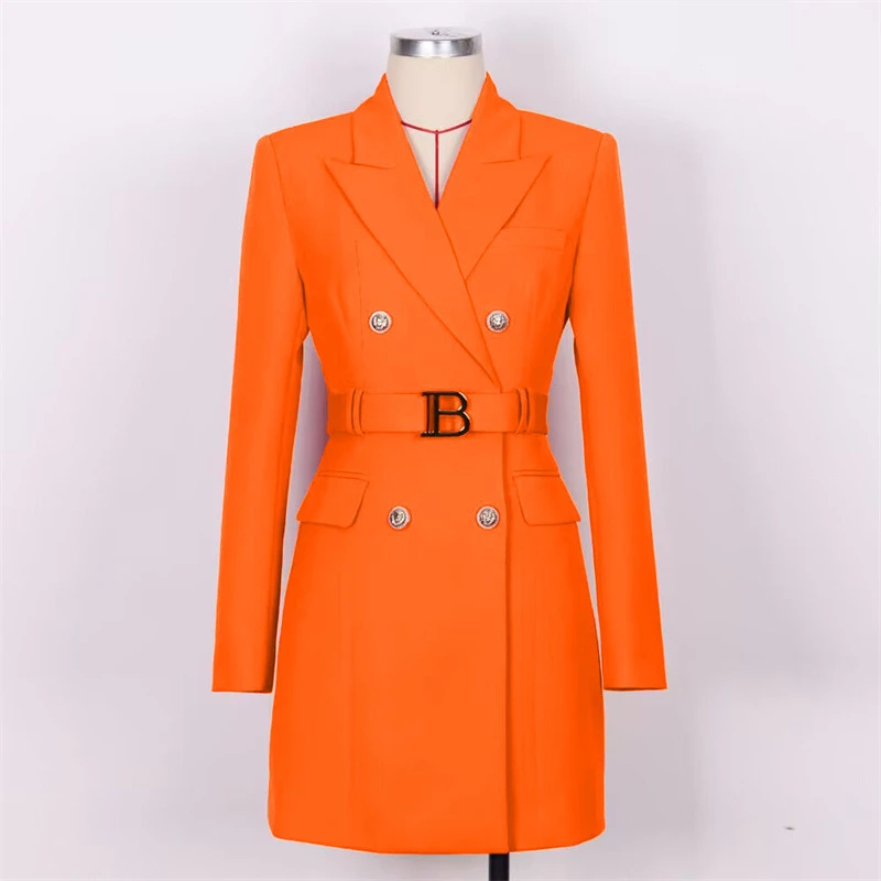 เสื้อเบลเซอร์ผู้หญิงทรงยาวสำหรับฤดูหนาว ติดกระดุม สไตล์หรูหราสำหรับสุภาพสตรีทำงาน พร้อมเข็มขัด  ชุดทำงานผู้หญิง