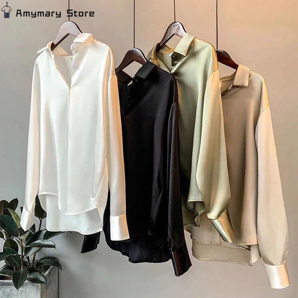 

New Women's Long Sleeve Satin Shirt Spring Autumn Retro Joker Casual Loose Button Shirt Fashion Office Work Blouse Tops S-2XL