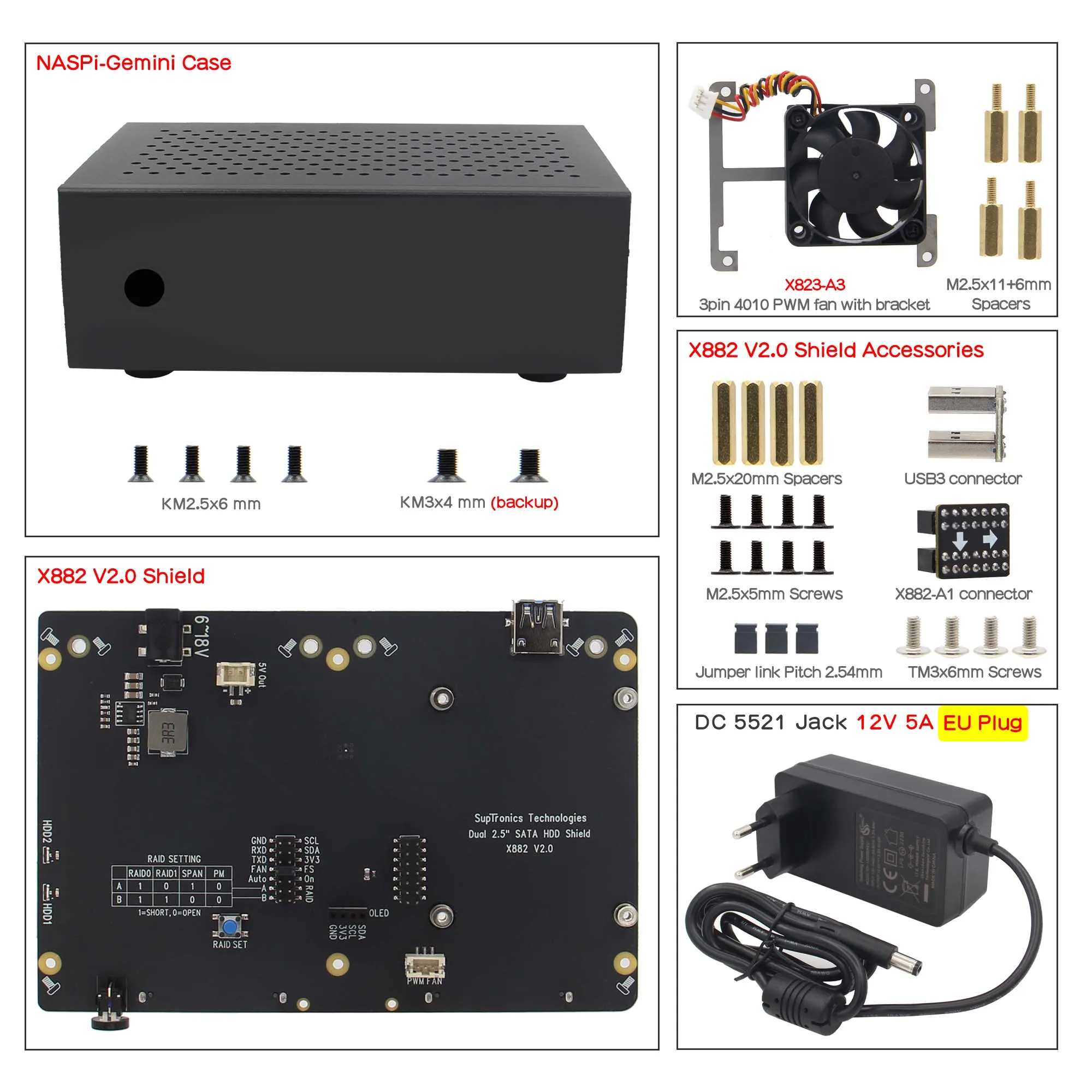 NASPi Gemini Dual 2.5 inch SATA HDD/SSD Board / Shield & Metal Case with PWM Fan for Raspberry Pi 4 Model B