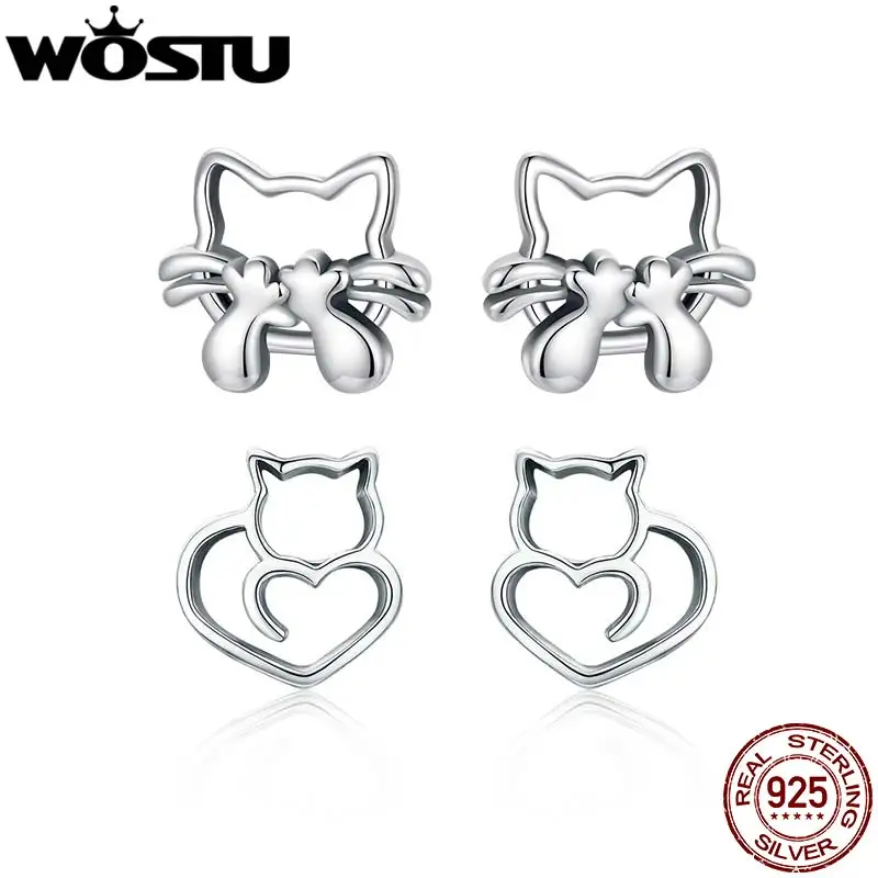 WOSTU 925 Sterling Silver  Lovely Cute Hollow Cat Stud Earrings For Women Girl Birthday Jewelry gift kitty Pet Ear Studs DIY