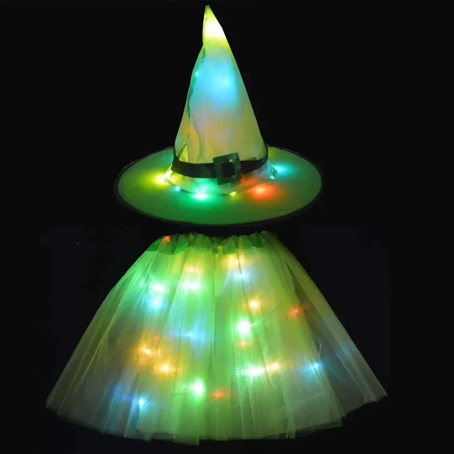 Women Kids Girl Luminous LED Glow Light Up Elf Witch Hat Star Skirt Spider Web Tutu Wizard Costume Party Gift Halloween Festival