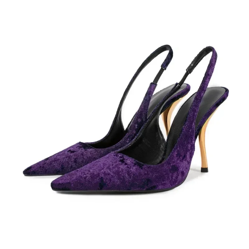 2025 European and American Sexy Metal High-heeled Pointed Back Hollow Sandals Women\'s Fashion Suede Runway Shoes
