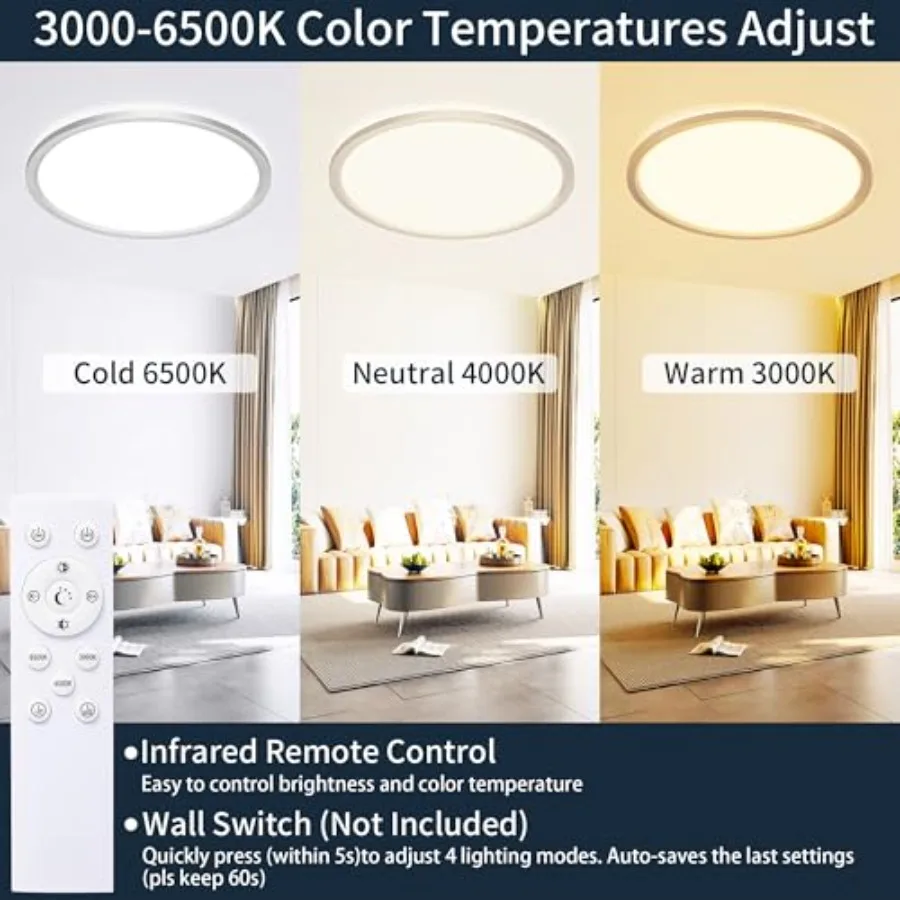LED Flush Mount Ceiling Light 36W Modern Round Ceiling Light with Remote Control Dimmable 3000K-6500K Adjustable Slim Flat Pane