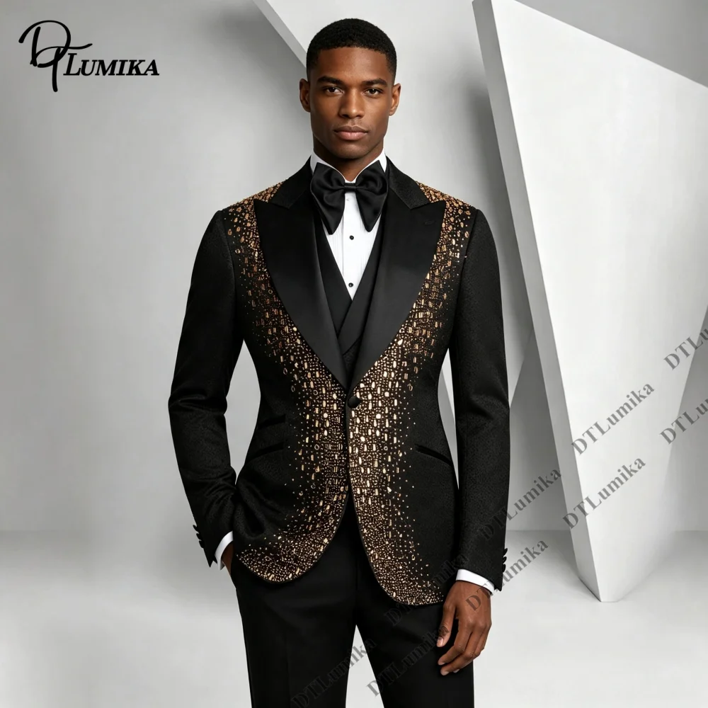 Gold Decorated Blazer Vest Pants  Men Suits Wedding Suits for Men 3 Piece Formal Party Prom Tuxedo Made To Measure Stage Costume