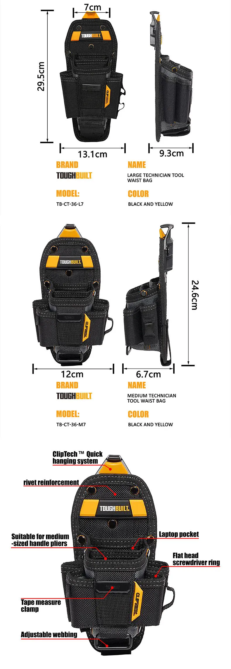 TOUGHBUILT Techniker-Werkzeugtasche, Siebentaschen-Aufbewahrung, Schnellhängende Werkzeugtasche für Holzarbeiter und Elektriker TB-CT-36-L7/M7 – Detail 4