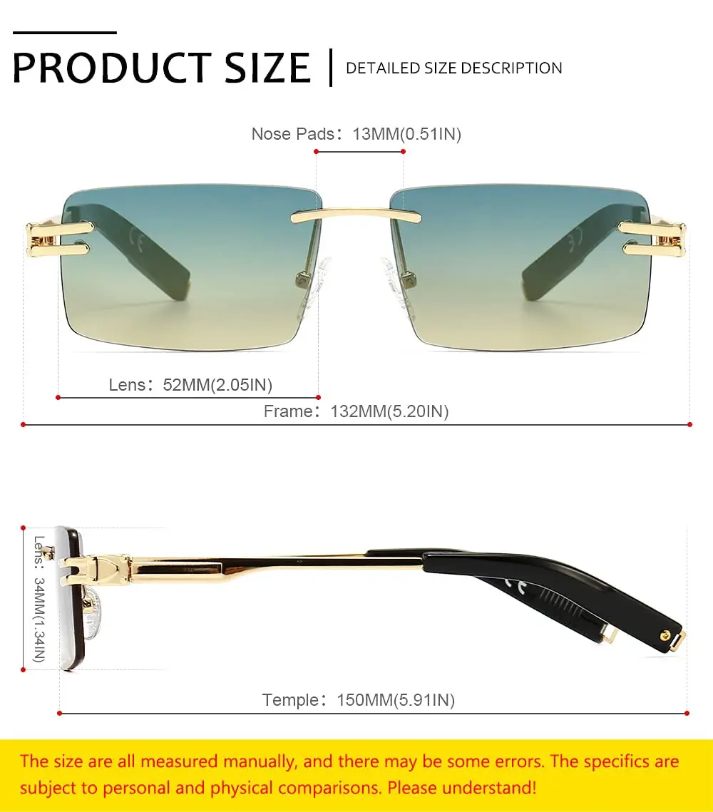 Retro Rectangle Rimless Sunglasses For Men Women Fashion Style Classic Design Eyewear