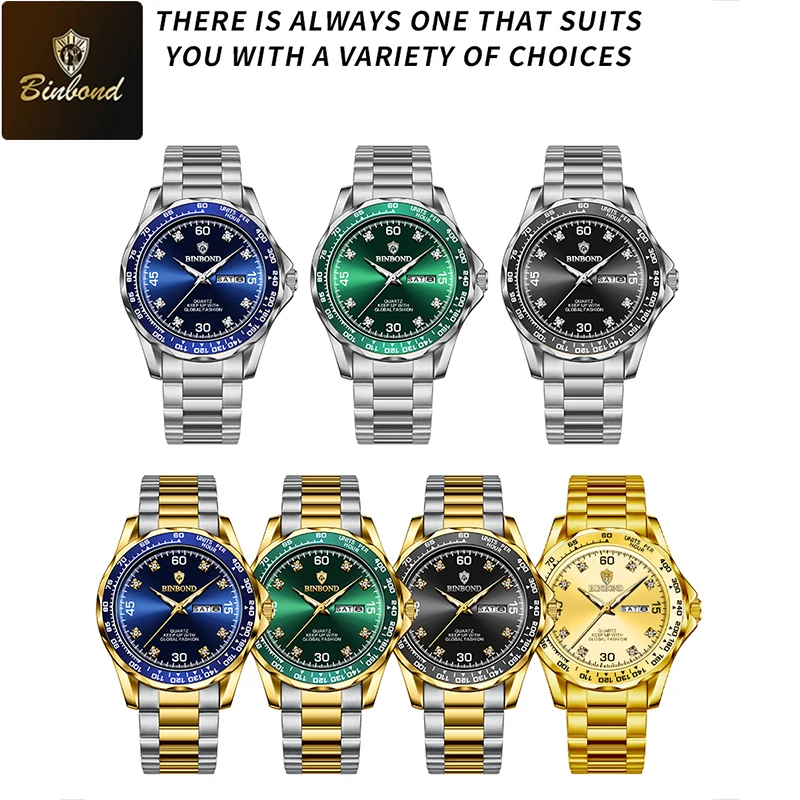 BINBOND العلامة التجارية الفاخرة الذهبي ساعة كوارتز الرجال الغوص مقاوم للماء الفولاذ المقاوم للصدأ حزام الأصلي ساعات رجالية Relogio Masculino