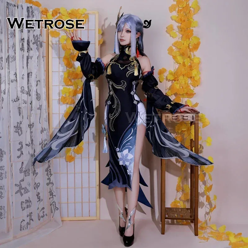 

【Wetrose】 Shenhe 2024 New Year Skin Outfit Cosplay Costume Genshin Impact Frostflower Dew Shen He Lantern Rite Black Cheongsam