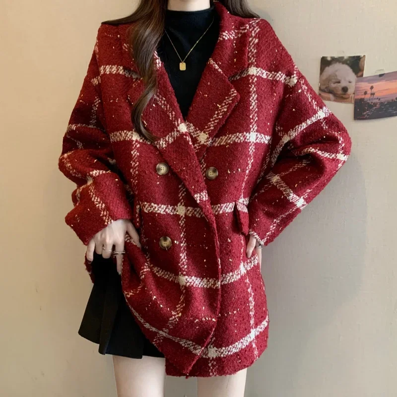 Plus Size Socialite Red Plaid Down Suit Wool Jacket Women's Winter Coat Chubby Girl Black High-end Loose Slimming Lady Suit Top