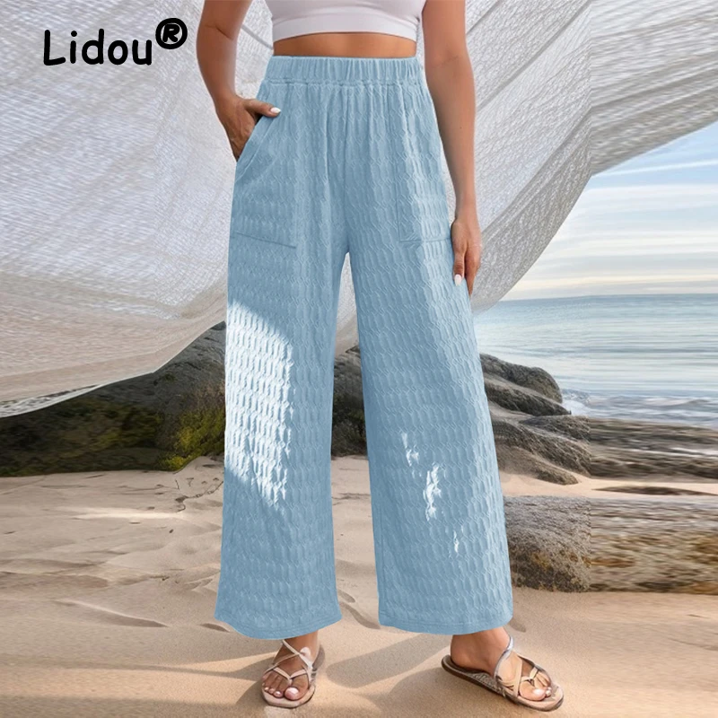 

Women Clothes Trendy Texture Casual Streetwear Wide Leg Pants Female Solid Pockets High Waist Straight Trousers Beach Pantalones