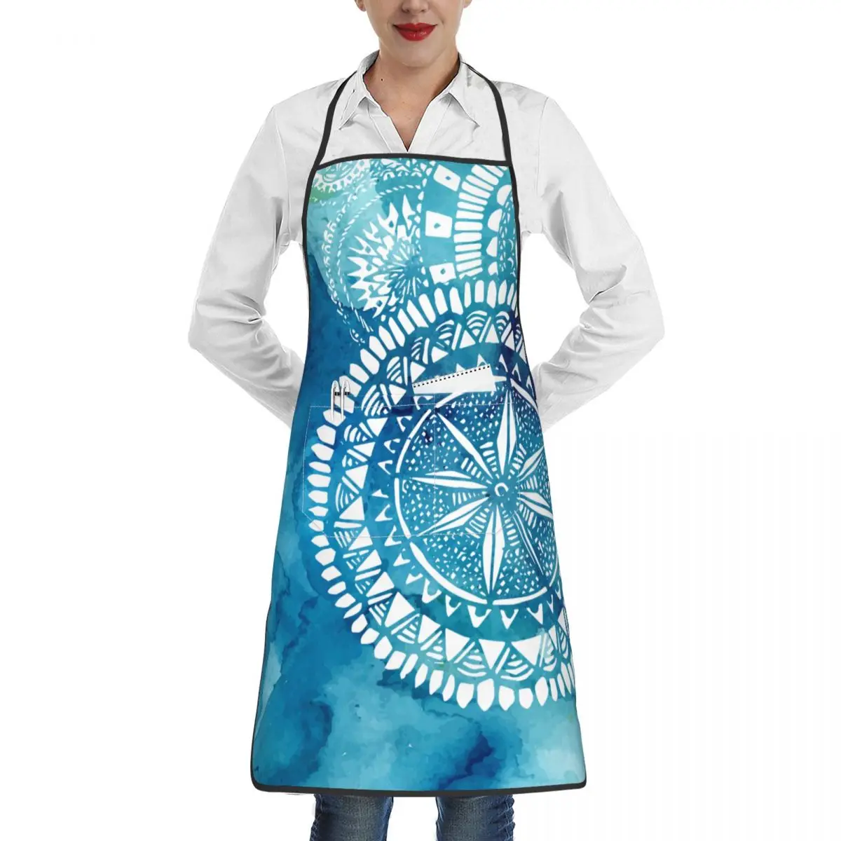 Blue Watercolor Brush With White Round Tribal Print Apron Waterproof Home Kitchen Cooking Waist Hanging Neck Towel Apron