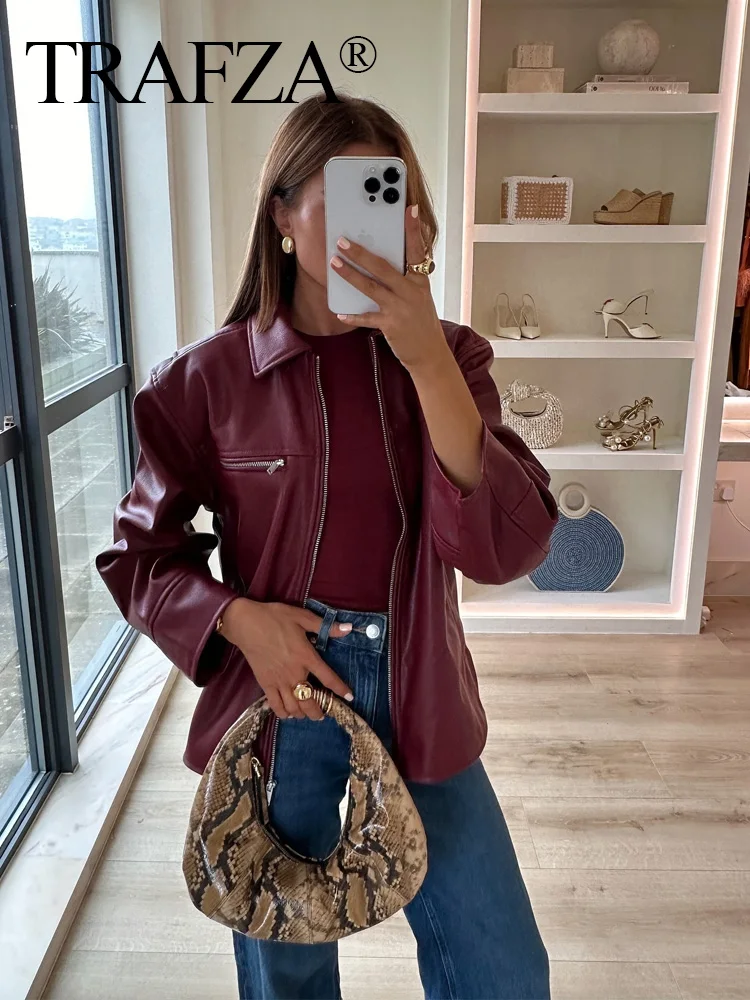 TRAFZA Women Lapel Zipper Long Sleeve Pockets Design Red Wine Coats Fashion Woman Autumn Casual Loose Jacket Coats Streetwear